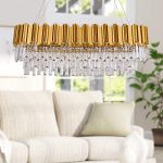 MEELIGHTING W35" Linear Modern Crystal Chandelier Lights Luxury Pendant Ceiling Light Oval Raindrop Contemporary Chandeliers Lighting Fixture for Dining Living Room Kitchen Island Bedroom Gold