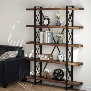 LITTLE TREE 5 Tier Bookcase, Solid Wood 5-Shelf Industrial Style Bookcases and Book Shelves, Metal and Wood Free Vintage Bookshelf, Retro Brown