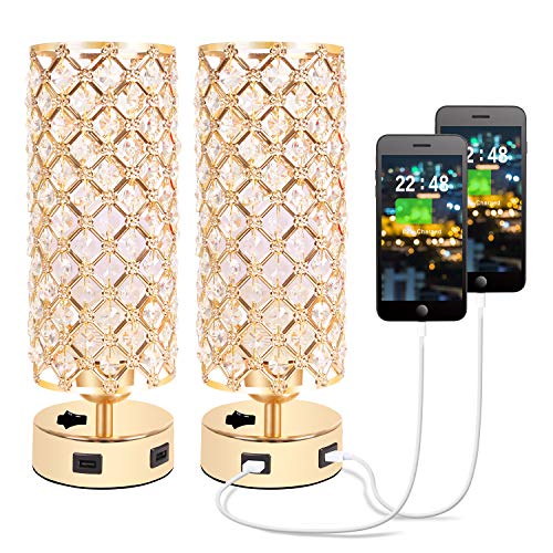 Crystal Table Lamp, Gold Lamp Sets, USB Desk Lamp with USB Charging Ports, Bedside Lights with Metal Base, Decorative Lamp Modern Nightstand Lamp for Bedroom, Living Room, Home Office(Set of 2)