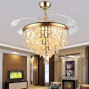 Orillon LED Chandelier Ceiling Fan with Light Indoor 42 Inch Polished Gold Modern Luxury Crystal Retractable Fandelier with Remote and a free Wall Control-3 Color Setting, Blades Adjust in 2 Direction