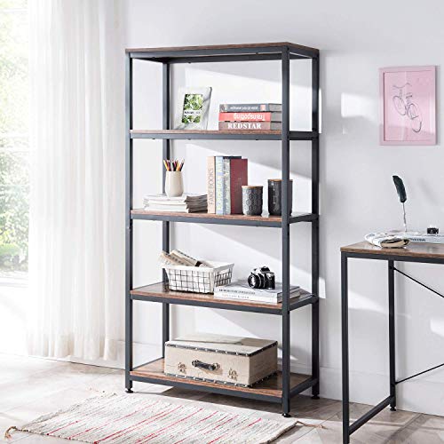 AMOAK Industrial Bookshelf and Bookcase 5 Tier, Wood and Metal Bookshelves Storage Shelves for Home Office, Sturdy Easy Assembly, Retro Brown