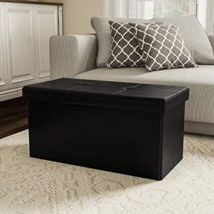 Lavish Home Large Foldable Storage Bench Ottoman – Tufted Faux Leather Cube Organizer Furniture for Home, Bedroom, Living Room, Dorm or RV (Black)