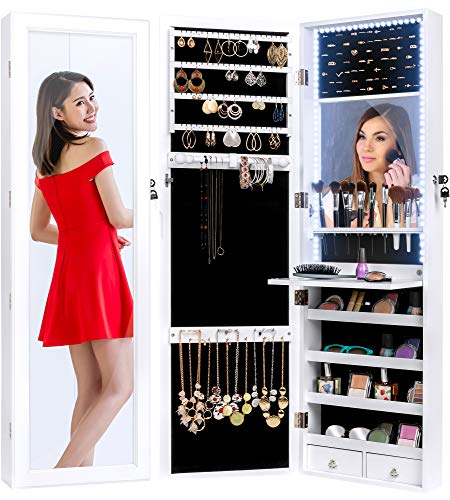 Best Choice Products Hanging Mirror Jewelry Armoire Cabinet for Door or Wall Mount w/LED Lights, Cosmetics Tray, Lock