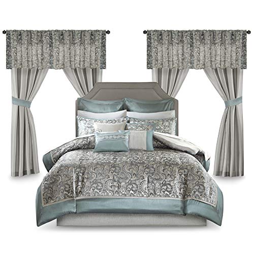 Madison Park Essentials Brystol 24 Piece Room Madison Park Necessities Brystol 24 Piece Room in a Bag Fake Silk Comforter Jacquard Paisley Design Matching Curtains - Down Various Hypoallergenic All Season Bedding-Set, King, Teal.