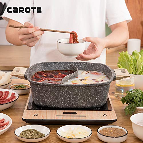 Carote 5.8-Quart Double-Flavor Hot Pot with Divider and Glass Lid Carote 5.8-Quart Double-Taste Sizzling Pot with Divider and Glass Lid,Shabu Shabu Pot with Nonstick Granite Coating from Switzerland,11 inch.