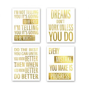 Inspirational Phrases Gold Foil Print, Motivational Quote&Saying Cardstock Art Print Poster Inspiring Words Wall Art Painting For Classroom Study Room Home Decor (8 X 10 inch, set of 4, UNframed)