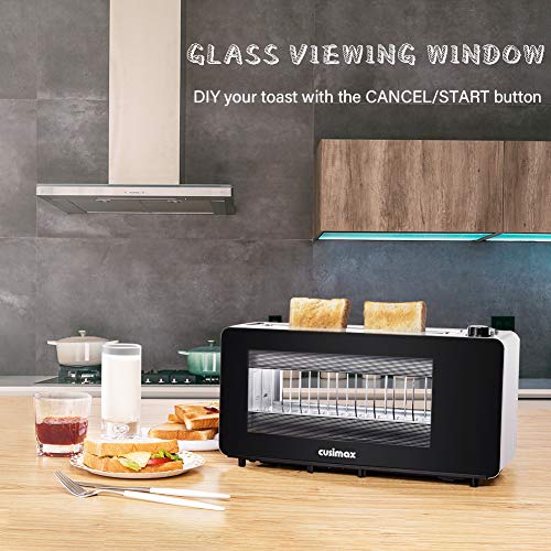 CUSIMAX Glass Toaster 2 Slice Long Slot Toasters with Window, Bangel Toaster CUSIMAX Glass Toaster 2 Slice Long Slot Toasters with Window, Bangel Toaster, Artisian Bread Toaster Stainless Steel Wide Slot with Automatic Lifting, Slide-out Glass Panel and Removable Crumb Tray.