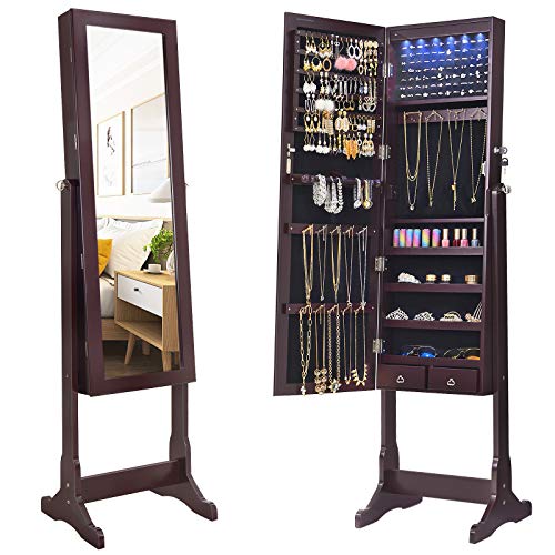 SONGMICS 6 LEDs Jewelry Cabinet Armoire, Lockable Standing Jewelry Organizer, Large Capacity with 2 Drawers, 3 Angel Adjustable, Glossy Dark Brown UJJC94K