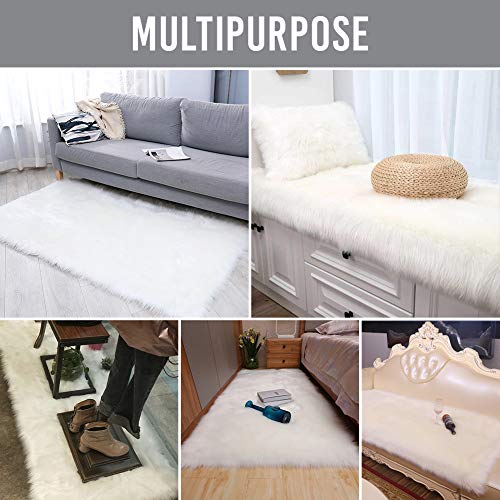 YOH Rectangle Luxury Fluffy Bedroom Bedside Rugs YOH Rectangle Luxurious Fluffy Bed room Bedside Rugs, Indoor Extremely Comfortable Fake Fur Sheepskin Space Rugs, Silky Lengthy Wool Ground Carpet for Residing Room Bench Youngsters Princess Room Decor, 2 x four Toes (White).