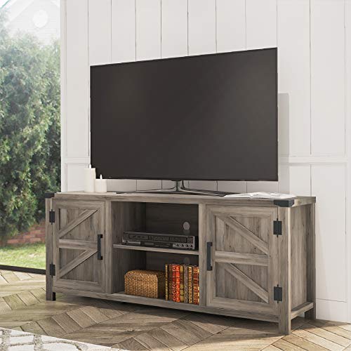 FITUEYES Farmhouse Barn Door Wood TV Stands for 65 inch Flat Screen, Media Console Storage Cabinet, Rustic Gray Wash Entertainment Center for Living Room, 59 Inch