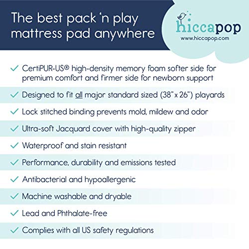hiccapop Pack and Play Mattress Pad [Dual Sided] w/Firm Side hiccapop Pack and Play Mattress Pad w/Agency Aspect (for Infants) &amp; Comfortable Reminiscence Foam Aspect (for Toddlers) | Reminiscence Foam Play Yard Mattress Pad | Playard Mattress Matches Most Pack N Play Playpens.