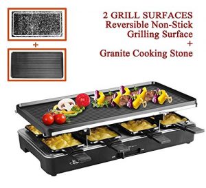 Artestia Electric Raclette Grill Tabletop BBQ,Two Large Non-stick Grilling Plates,Adjustable Temperature Control,8 Paddles,Clean Easy,Great Party(Full Size Stone/Reversible Metal Plates Raclette)