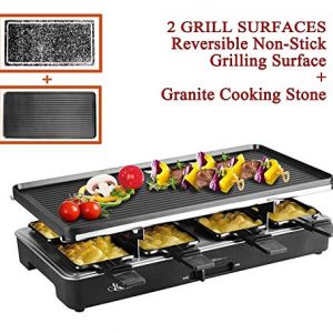 Artestia Electric Raclette Grill Tabletop BBQ,Two Large Non-stick Grilling Plates,Adjustable Temperature Control,8 Paddles,Clean Easy,Great Party(Full Size Stone/Reversible Metal Plates Raclette)