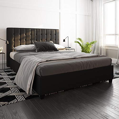 DHP Emily Upholstered Faux Leather Platform Bed with Wooden Slat Support, Tufted Headboard, Full Size - Black