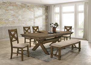Roundhill Furniture Raven Wood Dining Set: Butterlfy Leaf Table, Four Chairs, Bench, Glazed Pine Brown