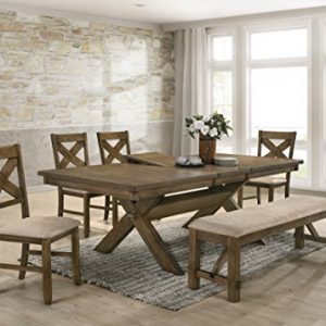 Roundhill Furniture Raven Wood Dining Set: Butterlfy Leaf Table, Four Chairs, Bench, Glazed Pine Brown