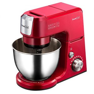 Geek Chef Mini 4-in-1 Stand Mixer: Multi-function, 2.6 Quart Stainless Steel Bowl, 7 Speeds with pulse, Die-cast Tilt Head. Includes Pouring Shield, Beater, Whisk and Dough Hook (Red)