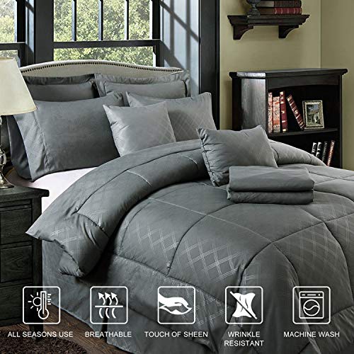JML Comforter Set, 10 Piece Microfiber Bedding Comforter Sets JML Comforter Set, 10 Piece Microfiber Bedding Comforter Units with Shams - Luxurious Strong Colour Quilted Embroidered Sample, Good for Any Mattress Room or Visitor Room (Gray, Queen).