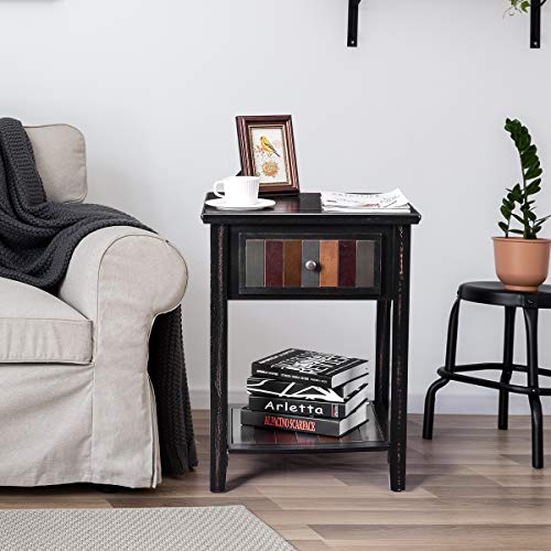 Rustic End Table, Sunix Sofa Side Table Corner Table with Solid Wood Legs Rustic End Table, Sunix Sofa Side Table Corner Table with Solid Wood Legs, Lower Storage Shelf and Drawer for Living Room, Bedroom Nightstand, Easy Assembly.