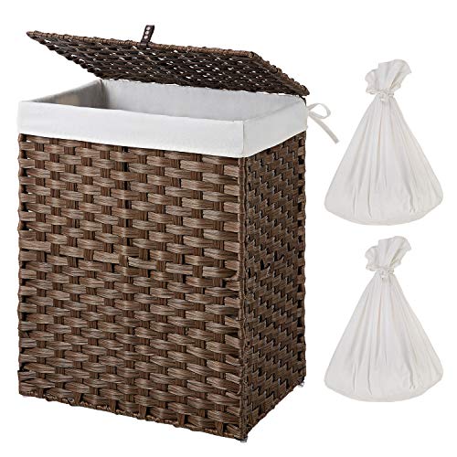 Greenstell Handwoven Laundry Hamper with 2 Removable Liner Bag, Synthetic Rattan Laundry Basket with Lid and Handles, Foldable and Easy to Install Brown (Standard Size)