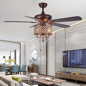 Rustic Ceiling Fan with Crystal Light Home Indoor Quiet Fan Light Reversible Wood Blades Ceiling Fan Chandelier Bedroom Living Room Family Ideal Crystal Fan Light, New Bronze, 52-Inch