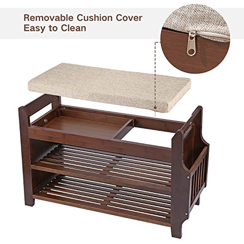 Shoe Bench Rack Nnewvante Shoe Organizer with Storage Basket Shoe Bench Rack Nnewvante Shoe Organizer with Storage Basket Side Drawer Bamboo Removable Padded Cushion Seat for Entryway Hallway Living Room Bathroom-29.5in.
