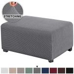 Stretch Ottoman Cover Ottoman Slipcovers Rectangle for Living Room Foot Stool Stretch Covers to Fit Ottoman Foot Rest, Thick Checked Jacquard Fabric with Elastic Bottom (Oversized Ottoman, Grey)