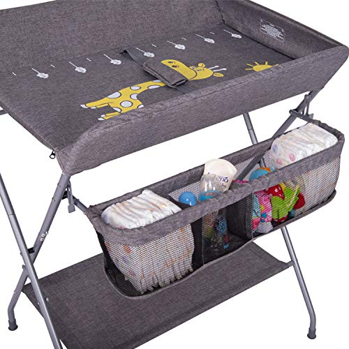 Baby Changing Table Portable Folding Diaper Station Nursery Child Altering Desk Moveable Folding Diaper Station Nursery Organizer for Toddler Lagre Storage Basket and Shelf with Security Belt(Gray).