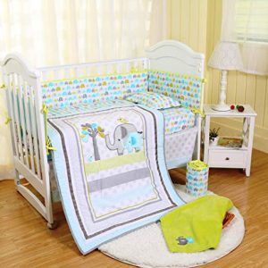 Spring Baby Crib Bedding Set 8 Piece Nursery Crib Bedding Set for Baby Boys and Girls, Including Comforter, Crib Sheet, Crib Skirt, Bumpers, Blanket (Blue/Green/Grey Elephant-8 Piece)