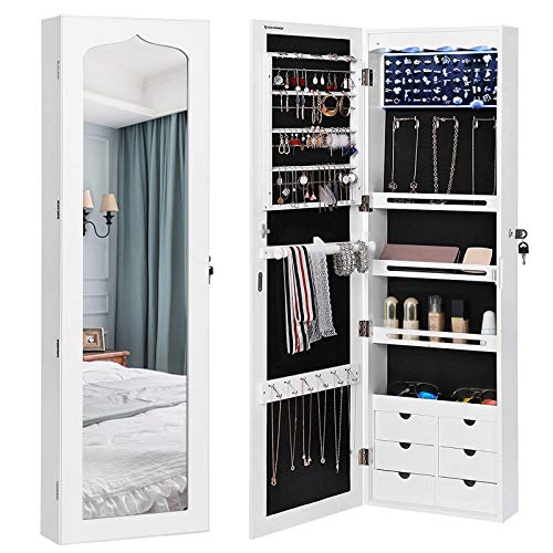 SONGMICS Extended 4.9" Depth LED Jewelry Cabinet Armoire with 6 Drawers Lockable Door/Wall Mounted Jewelry Organizer White Patented Mother's Day gift UJJC88W