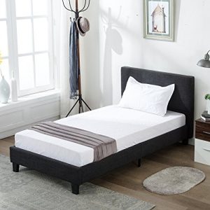 Mecor Upholstered Linen Twin Platform Bed Metal Frame with Wood Slat Support,Square Stitched Headboard,Black/Twin Size