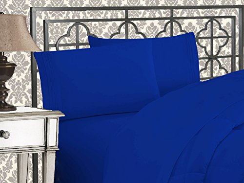 Elegant Comfort Luxurious 1500 Thread Count Egyptian Three Line Embroidered Softest Premium Hotel Quality 4-Piece Bed Sheet Set, Wrinkle and Fade Resistant, Queen, Royal Blue