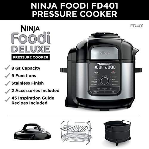 Ninja Foodi 8-qt. 9-in-1 Deluxe XL Cooker and Air Fryer-Stainless Steel Ninja FD401 Foodi 8-qt. 9-in-1 Deluxe XL Cooker &amp; Air Fryer-Stainless Metal Strain Cooker, 8-Quart.