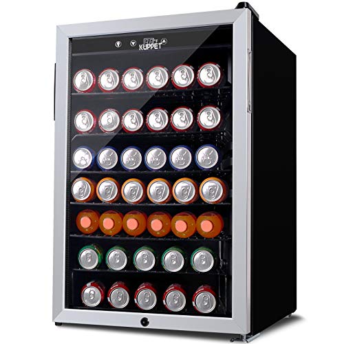 KUPPET 150-Can Beverage Cooler and Refrigerator, Small Mini Fridge for Home, Office or Bar with Glass Door and Adjustable Removable Shelves，Perfect for Soda Beer or Wine, Stainless Steel, 4.5 Cu.Ft.