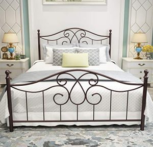 Vintage Sturdy Metal Bed Frame Queen Size with Vintage Headboard and Footboard Platform Base Bed Frame No Box Spring Needed Steel Bed，Antique Brown，Queen.
