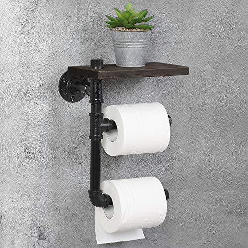 HAITRAL Pipe Toilet Paper Holder - Rustic Tissue Paper Roll Holder Wall-Mounted Wooden Shelf, Iron Metal Pipe Holder for Bathroom, Washroom - Black