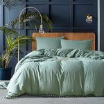 AiMay Pom Poms 3 Piece Duvet Cover Set (1 Duvet Cover + 2 Pillowcases) Stone-Washed Brushed Luxury 100% Super Soft Microfiber Bedding Collection (Sage/Dark Sea Green, Queen)