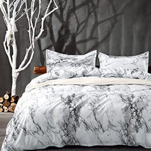 NANKO Queen Bedding Duvet Cover Set White Marble, 3 Piece - 1000 - TC Luxury Microfiber Down Comforter Quilt Cover with Zipper Closure, Ties - Best Organic Modern Style for Men and Women