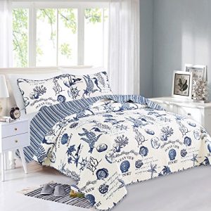 Great Bay Home 2 Piece Quilt Set with Shams. Soft All-Season Microfiber Bedspread Featuring Attractive Seascape Images. Machine Washable. Catalina Collection (Twin, Navy)