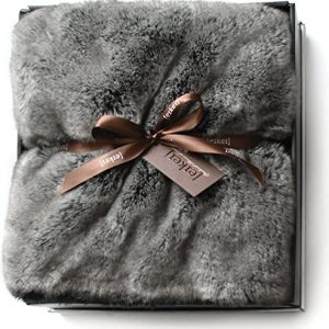 Eikei Luxury Faux Fur Throw Blanket Super Soft Oversized Thick Warm Afghan Reversible to Plush Velvet in Tan Grey Wolf, Cream Mink or Blush Chinchilla, Machine Washable 60 by 70 Inch (Grey Frost)