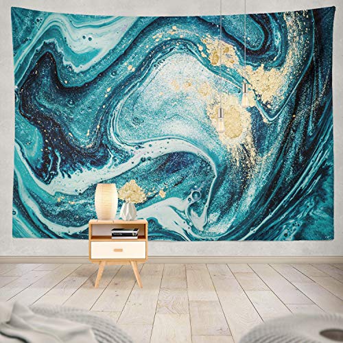 Soopat Tapestry Polyester Fabric Ocean Art Natural Luxury Swirls Marble Ripples Blue Gold Powder Liquid Flow Wall Hanging Tapestry Decorations for Bedroom Living Room Dorm 60X50 inch