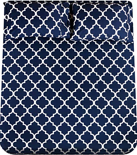Utopia Bedding Printed Bed Sheet Set - 1 Fitted Sheet, 1 Flat Sheet and 2 Pillowcases - Soft Brushed Microfiber Fabric - Shrinkage and Fade Resistant (Queen, Navy Quatrefoil with White Pattern)