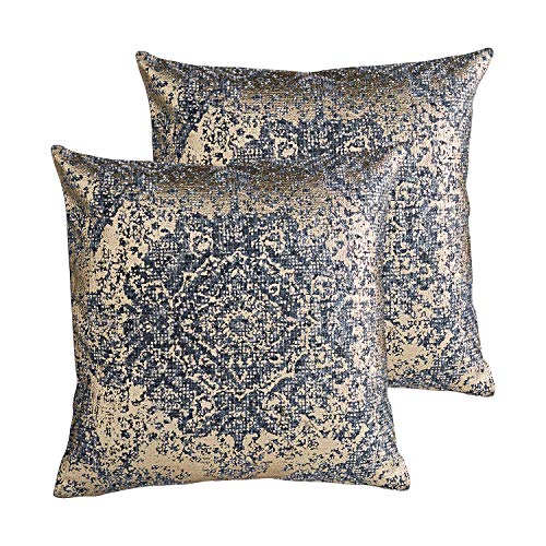 MOTINI Decorative Pillow Covers Gold and Blue 18x18 Inch, Set of 2 Luxury Foil Printed Throw Pillows Traditional Pattern Cotton Pillow Home Decor Pillowcase for Bed Couch