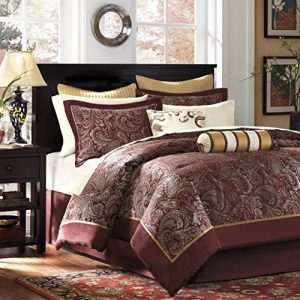 Madison Park Aubrey Queen Size Bed Comforter Set Bed In A Bag - Burgundy , Paisley Jacquard – 12 Pieces Bedding Sets – Ultra Soft Microfiber Bedroom Comforters