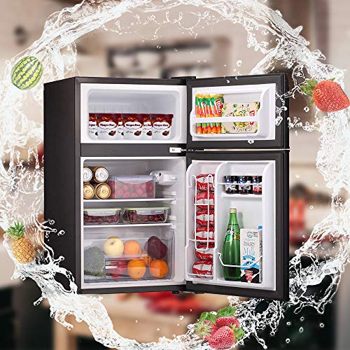 Joy Pebble Compact Double Door Refrigerator and Freezer Pleasure Pebble Compact Double Door Fridge and Freezer, 3.2 cu.ft Freestanding mini Fridge Appropriate for Workplace, Dorm or Condo with Adjustable Detachable Glass Cabinets (black).