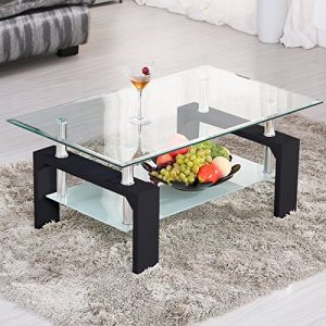 Mecor Rectangle Glass Coffee Table-Modern Side Coffee Table with Lower Shelf Black Wooden Legs-Suit for Living Room