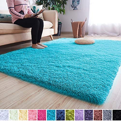 Noahas Super Soft Modern Shag Area Rugs Fluffy Living Room Carpet Comfy Bedroom Home Decorate Floor Kids Playing Mat 4 Feet by 5.3 Feet, Blue