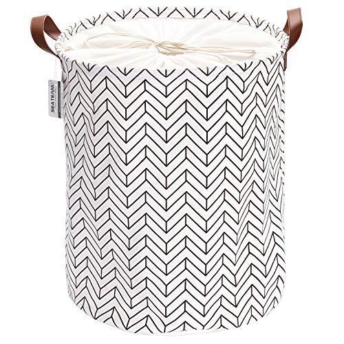 Sea Team Arrowhead Pattern Laundry Hamper Canvas Fabric Laundry Basket Collapsible Storage Bin with PU Leather Handles and Drawstring Closure, 17.7 by 13.8 inches, Waterproof Inner, Black