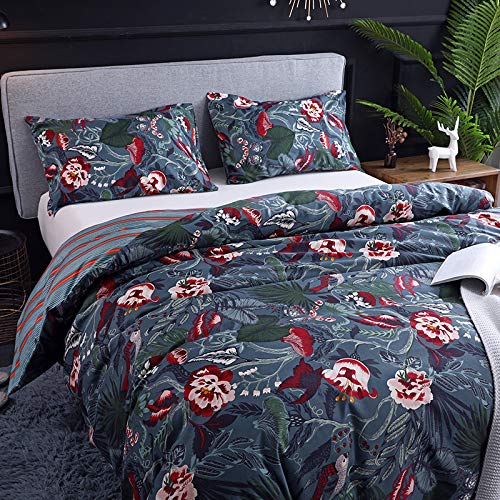 CoutureBridal Dark Blue Boho Bedding Sets Queen Size CoutureBridal Darkish Blue Boho Bedding Units Queen Measurement Floral Chicken Leaves Sample Printed with Zipper Ties Reversible Striped Cover Cowl Set Luxurious Microfiber Comforter Quilt Cowl 90X90.