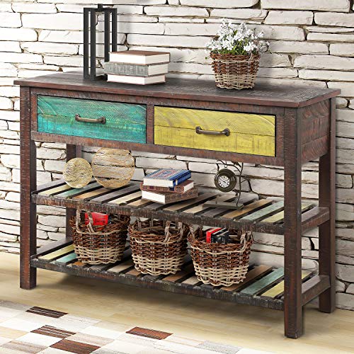 P PURLOVE Console Table Sofa Table Console Tables for Entryway Hallway Bathroom Living Room with Drawers and 2 Tiers Shelves (Colorful)
